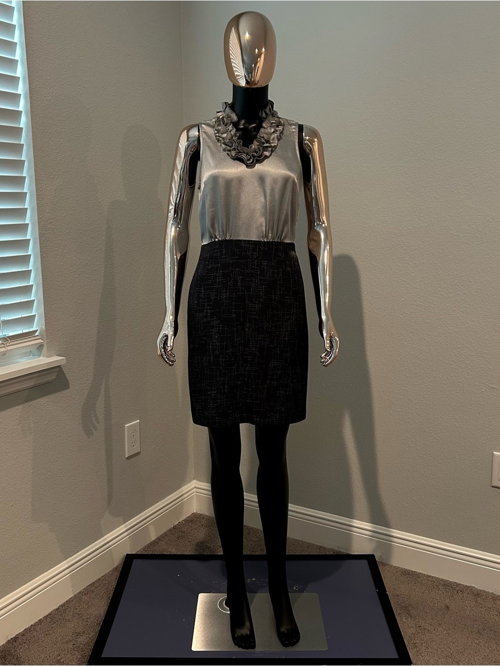The Limited Silver Ruffle-Neck Shell with Black Tweed Pencil Skirt